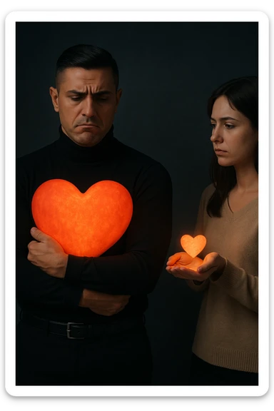 an Italian man in his 30s with olive skin and dark hair stands apart from a woman who offre un piccolo cuore luminoso tra le mani. Lui guarda il cuore con un’espressione triste e insoddisfatta, tenendo tra le braccia un cuore molto più grande e brillante, mentre la distanza tra loro è accentuata da luci soffuse e ombre. sticker