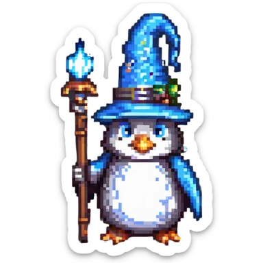 pixel art penguin wizard with a pointy hat and magic staff sticker