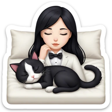 Single long Black hair girl sleeping with tuxedo cat sticker