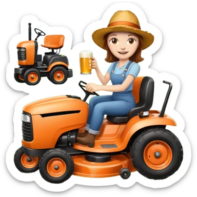 White woman with brown hair, without glasses wearing a straw hat, on old orange ride on lawn mower, holding a beer with one hand and holding the steering wheel with the other hand. Woman is smiling. Lawn mower has “Westwood” written on the engine cover sticker