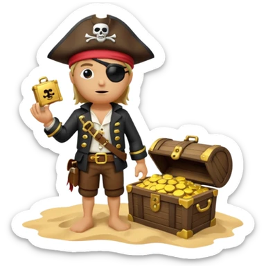 A 3D cartoon pirate with one eye covered by a black eye patch, holding a treasure chest of gold, wearing a hat, standing on sand, Memoji-style. sticker