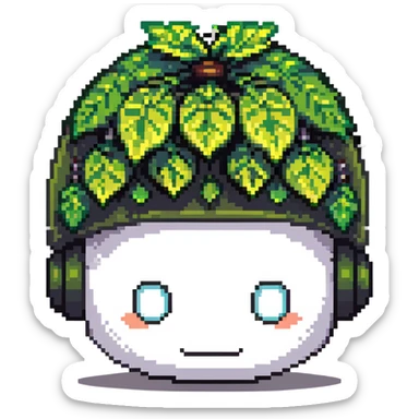 Green bomberman head only, round helmet with leaf-like antenna, cute white face, friendly eyes, pixel art style sticker