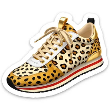 Realistic, isolated, side view, womens trendy cheetah print sneaker, with gold elements, undone laces, ultra detailed shoe sticker