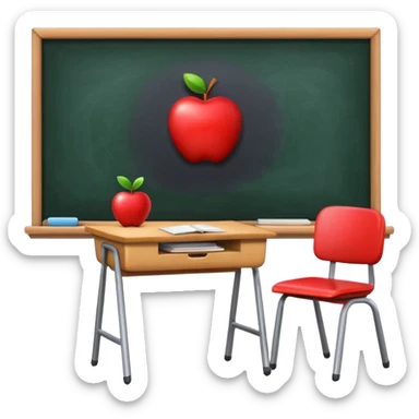 simple classroom interior with one desk and one chair, blackboard, window, apple style emoji sticker