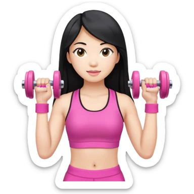 An Asian lady with long hair, blonde highlights, in a pink gym outfit, holding a pink dumbell sticker