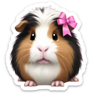 fluffy guinea pig with black white and tan fur wearing pink bow sticker