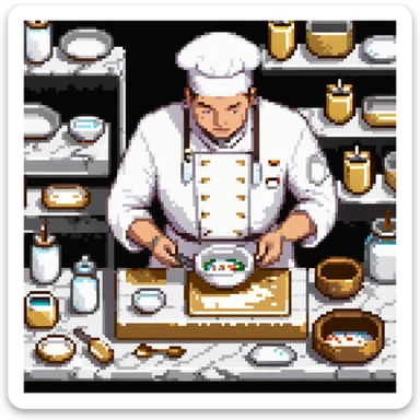Ein eleganter Bäcker in weißer Uniform, arbeitet auf einer Marmorplatte mit Porzellanformen und goldverzierten Utensilien. Die Umgebung erinnert an eine klassische französische Patisserie. Interface wirkt wie graviertes Porzellan mit filigranen Mustern.
 sticker