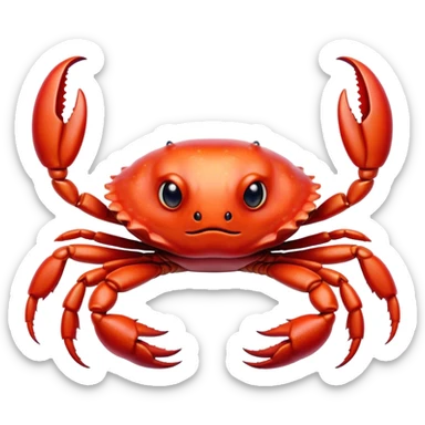 Cinematic Realistic Cute Crab Portrait Emoji, Head tilted playfully and inquisitively, featuring a compact, sturdy form with a glossy red shell uniquely forming an endearing face with bright, sparkling eyes, rendered with intricate natural textures and subtle coastal hues, high shine, affectionate and spirited, styled with a touch of seaside whimsy, soft glowing outline, capturing the essence of a mischievous yet lovable crab that seems ready to pinch playfully out of the screen into your arms! sticker