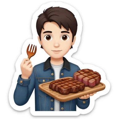 Turkish beautiful finish Konya boy white skin and good hair and brown eyes with black and denim clothes and had on his hand grilled meat sticker