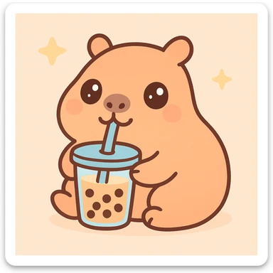 a fun and cute capybara drinking boba tea, playful and charming, adorable and friendly, with a straw and tapioca pearls visible sticker