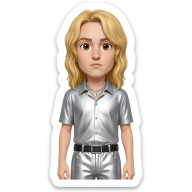 Bill Kaulitz with brown eyes, long blonde hair, silver metallic shirt, silver metallic baggy pants, silver necklace sticker