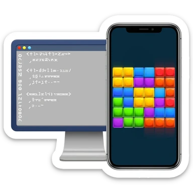 A computer monitor with a simplified code editor interface. In front of it, a mobile phone screen displaying a game with a grid of colorful blocks (match-3 style). sticker