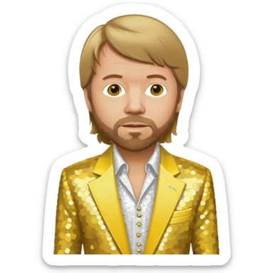 Björn Ulvaeus from ABBA with dark blonde hair, yellow sequin shirt, white sequin suit jacket sticker