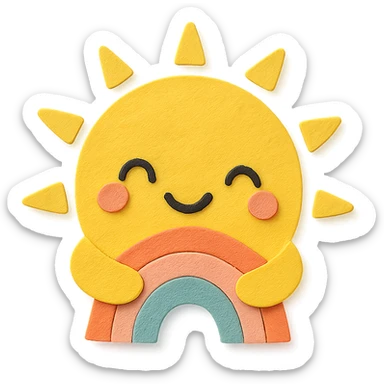 kawaii bright yellow sun hugging a tiny rainbow arc, no arms, no legs, transparent background, full body, soft pastel kawaii paper craft style sticker
