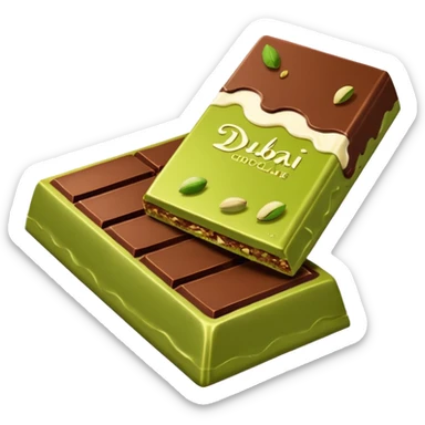a dubai chocolate bar broken in half with pistachio and kataif paste coming out of it sticker