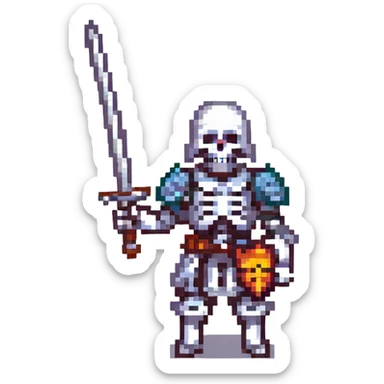 skeleton in armor wielding a sword, pixel art style sticker