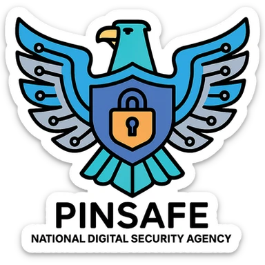 modern abstract eagle with wings shaped like circuit boards, representing Pinsafe national digital security agency, professional design with hints of blue and silver, including shield and lock motif sticker