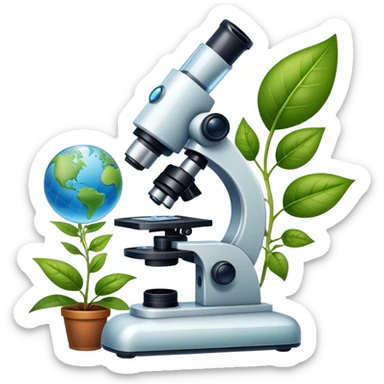 An icon featuring a microscope, a DNA strand, and plant leaves, symbolizing biology. The design includes cells, a test tube with a plant sample, and a globe, representing life sciences, ecosystems, and the study of organisms. Transparent background highlights the exploration of living systems. sticker