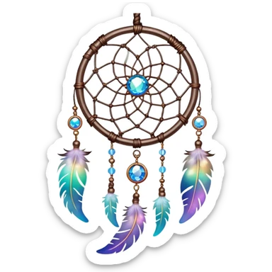 Iridescent shiny transparent crescent nebula Dreamcatcher-suncatcher hanging from a thread, with gemstones sticker