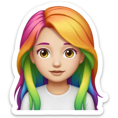 girl emoji with long rainbow hair, she's wearing a white top and has light olive skin  sticker