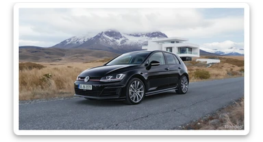 black Golf 4 with, in background is modern huge two flors white villa, in distance are iceland mountains, rule of thirds, shot on gopro hero, noise camera sticker