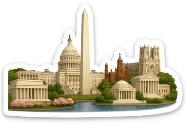 cinematic realistic emoji of Washington DC, panoramic cityscape with US Capitol, Washington Monument, Lincoln Memorial, Jefferson Memorial, White House, Smithsonian Castle, National Cathedral, Supreme Court, Tidal Basin with cherry blossoms. Lifelike detail, accurate colors, bright daylight, no sky, no clouds, no text, transparent background sticker