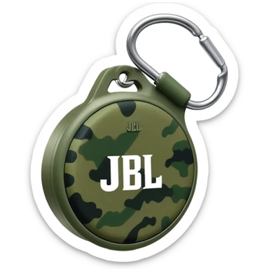 Super simplified JBL Clip 4, basic round speaker with hook, minimal green camouflage pattern, clear JBL logo, iOS emoji style sticker