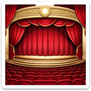 An icon depicting a grand theater stage with heavy curtains, spotlight shining on the performers, and an audience eagerly watching. The scene conveys the drama and excitement of live performances, with dramatic lighting and atmosphere. transparent background. sticker
