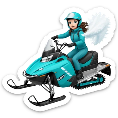 Can you create an emoji of a brunette girl on a teal polaris khaos 850 155 snowmobile doing a wheelie with snow flying sticker