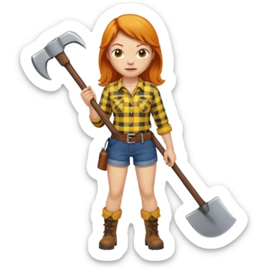 ginger lumberjack woman holding axe yellow checked shirt sticker