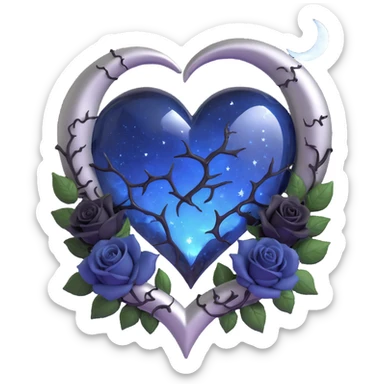 gothic heart, midnight blue glass, silver crescent moon, black roses, stardust, lightning, rain, cracked glass, crystal style sticker