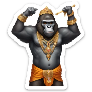 male gorilla with indian male jewellery and south indian trditional wear, holding a mace, humanoid,  sticker