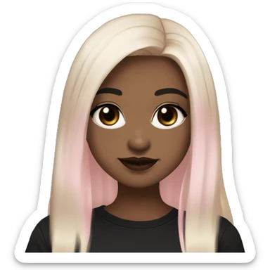 Slavic girl, goth eyes makeup, pink beige lips, brown eyes, long black-to-blonde ombre straight hair, black T-shirt, chibi, smiling. sticker