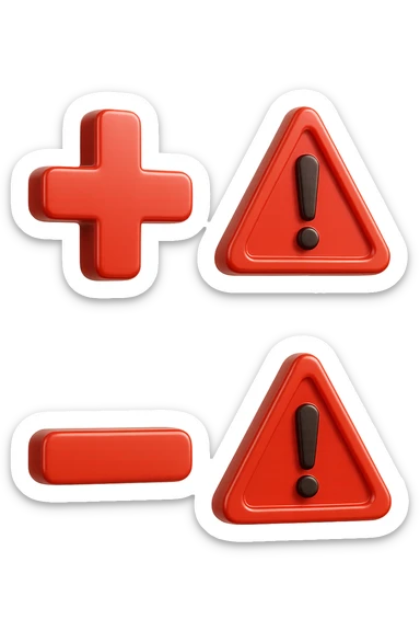 emoji stile iphone dei simboli "+" e "-" rossi in 3d che fluttuano in aria insieme a segnali di pericolo, FALLO MOLTO REALISTICO IN 3D sticker