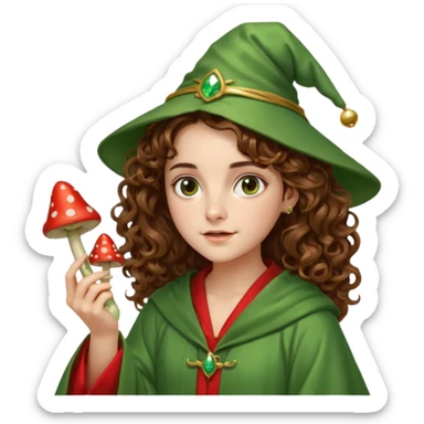 very beautiful italian girl, looking like Emma Watson, with curly and big volume very bright brown hair, and a golden piercing ring in nose on left side, dressed in a beautiful wizard robe of green colors, holding red fly mushroom sticker