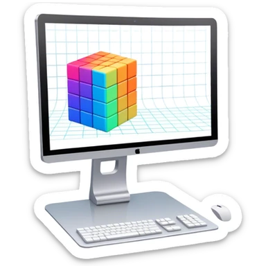 Create an emoji for 3D visualization and modeling. Show a 3D cube or object with grid lines and a modeling tool (e.g., a mouse or stylus) on big curved monitor. Use modern, professional colors. Do not include any emojis or smiley faces. Make the background transparent. sticker