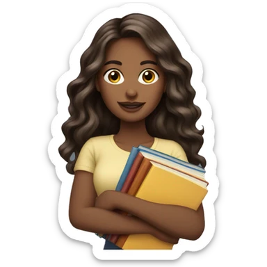 brunette long wavy hair beautiful woman while holding stack of books sticker