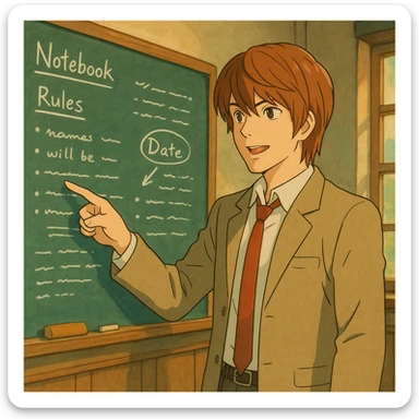 Light Yagami pointing at a chalkboard with notes, mid-explanation, classroom setting, whimsical Ghibli atmosphere sticker