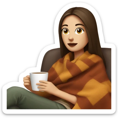 Brunette white girl covered in blanket autumn vibe sitting on a cozy chair holding coffee,  sticker