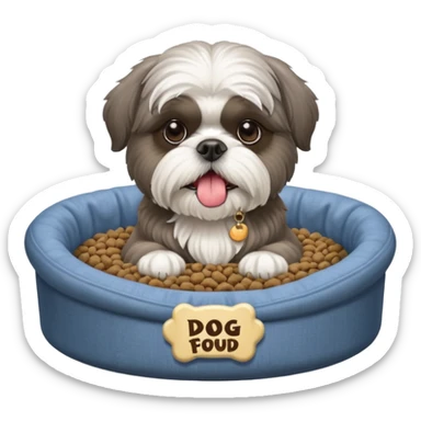 old ALL grey shih tzu in dog bed tongue hanging out with a bowl of food sticker