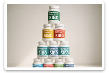 montagna di barattoli di integratori contro la SIBO con etichette in italiano sticker