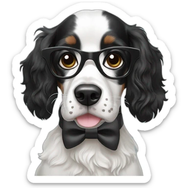 Black & white Spaniel dog wearing a bow tie and glasses sticker