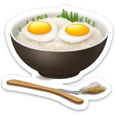 a bowl of rice with two eggs and two whole chicken sticker