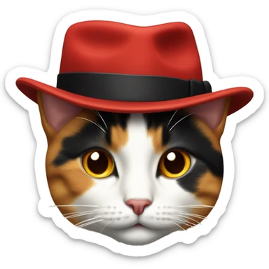 a calico cat wearing a red fedora hat with a black band in the style of the windows 10 emoji head only no body sticker