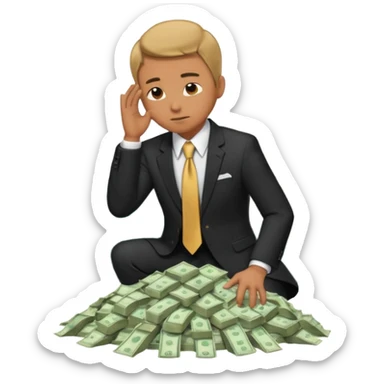 A man bows to a mountain of money sticker