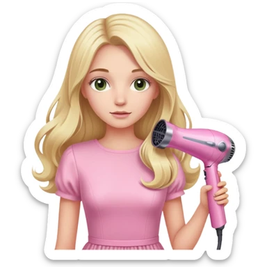 blonde girl with long hair and swamp-colored eyes in a pink pastel dress, holding a pink Dyson hair dryer sticker