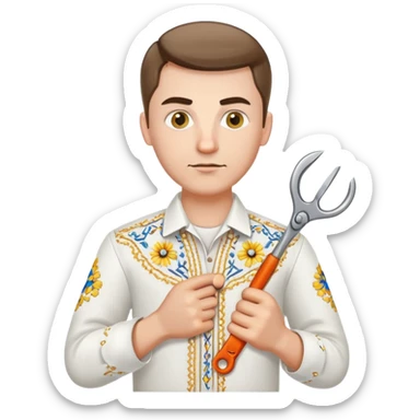 Ukrainian man in white embroidered traditional shirt holding a wrench in one hand and scissors in other hand sticker