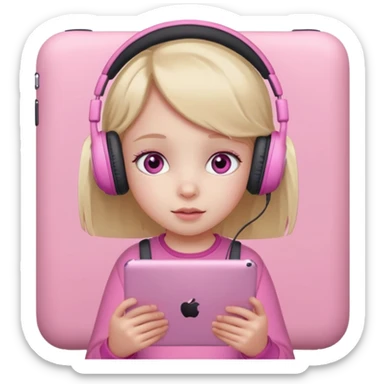Little girl with headphones when pink eyes and pink iPad and pink dreamy background sticker
