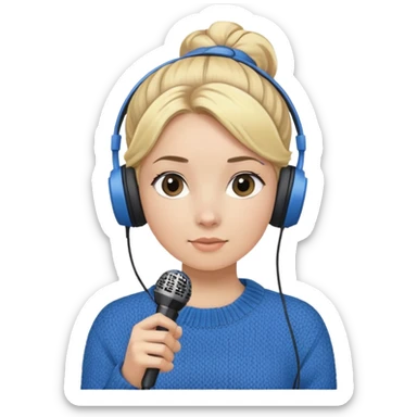a girl with blue knitwear with a blonde hair
bun and her job is a podcaster (microphone in front of her and a headphone at her head) sticker