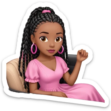 A dark-skinned Black woman with black box braids,in pink car driving sticker